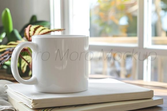 White Coffee Mug on Book Mockup