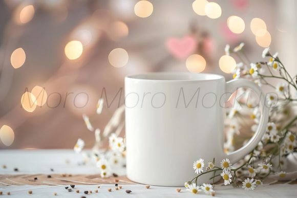 White Coffee Mug on Table with Vintage Flowers